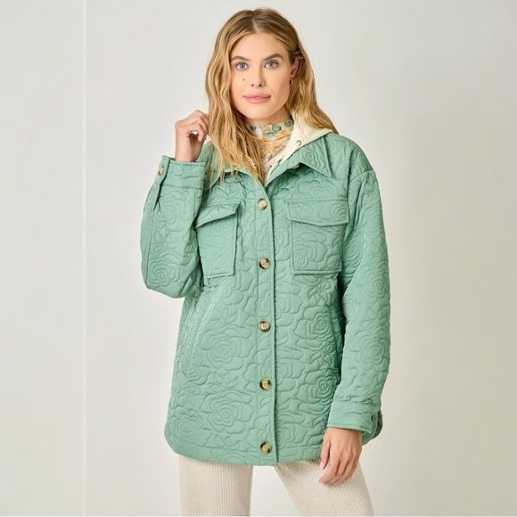 Twofer Seafoam Green Quilted Jacket Floral Stitch Cozy Layer - Picture 4 of 10